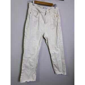 ZARA Women’s Off White High Rise Straight Leg Jeans Size 10 Raw Hem Distressed
